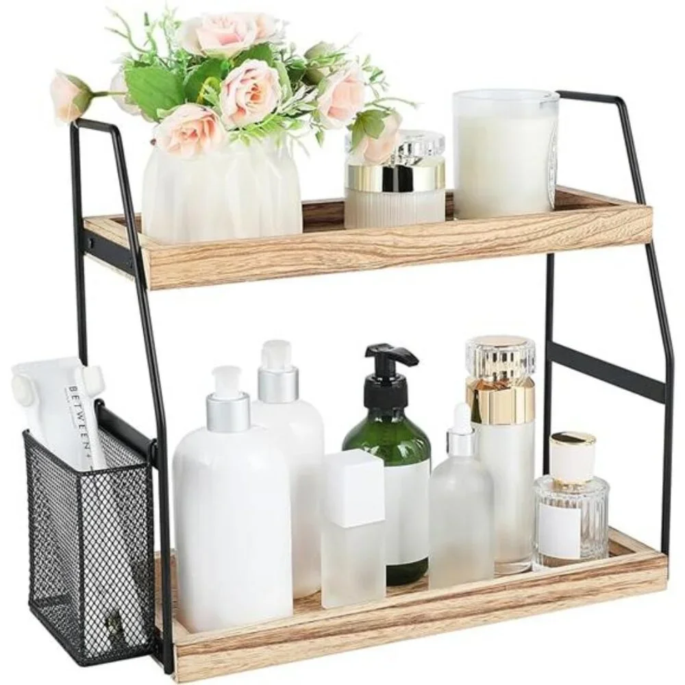 Bathroom Counter Organizer, 2-Tier Standing Storage Shelf with Basket, Wood